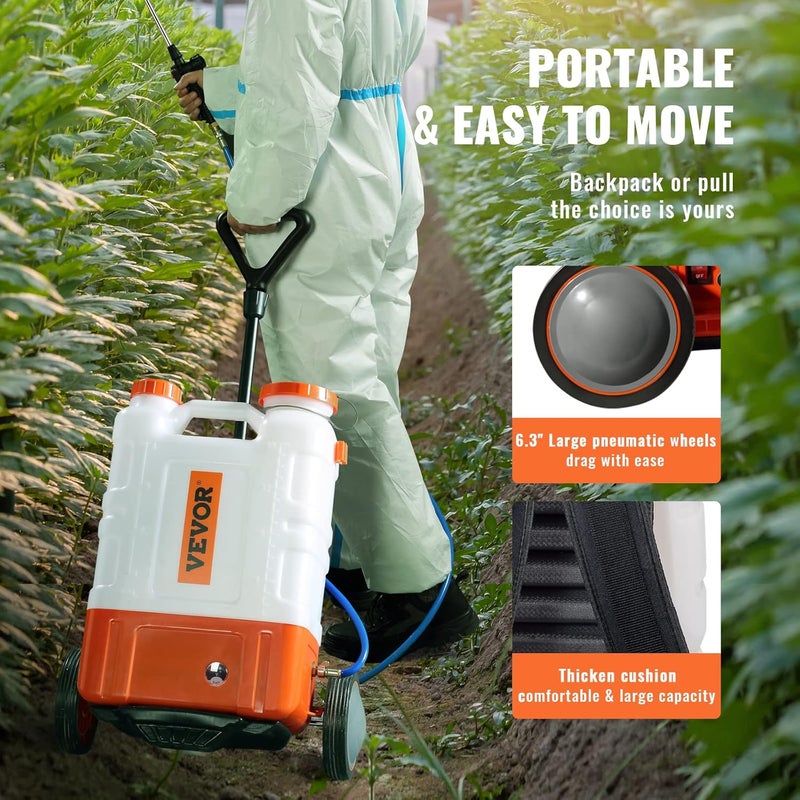 VEVOR 4 Gallon Battery Powered Backpack Sprayer with Wheeled Cart, Adjustable 0-94 PSI, 13FT Hose, 6 Nozzles, 2 Wands Included, Wide Mouth Lid for Weeding, Cleaning, Long Spray Time, White+Orange - Image 5